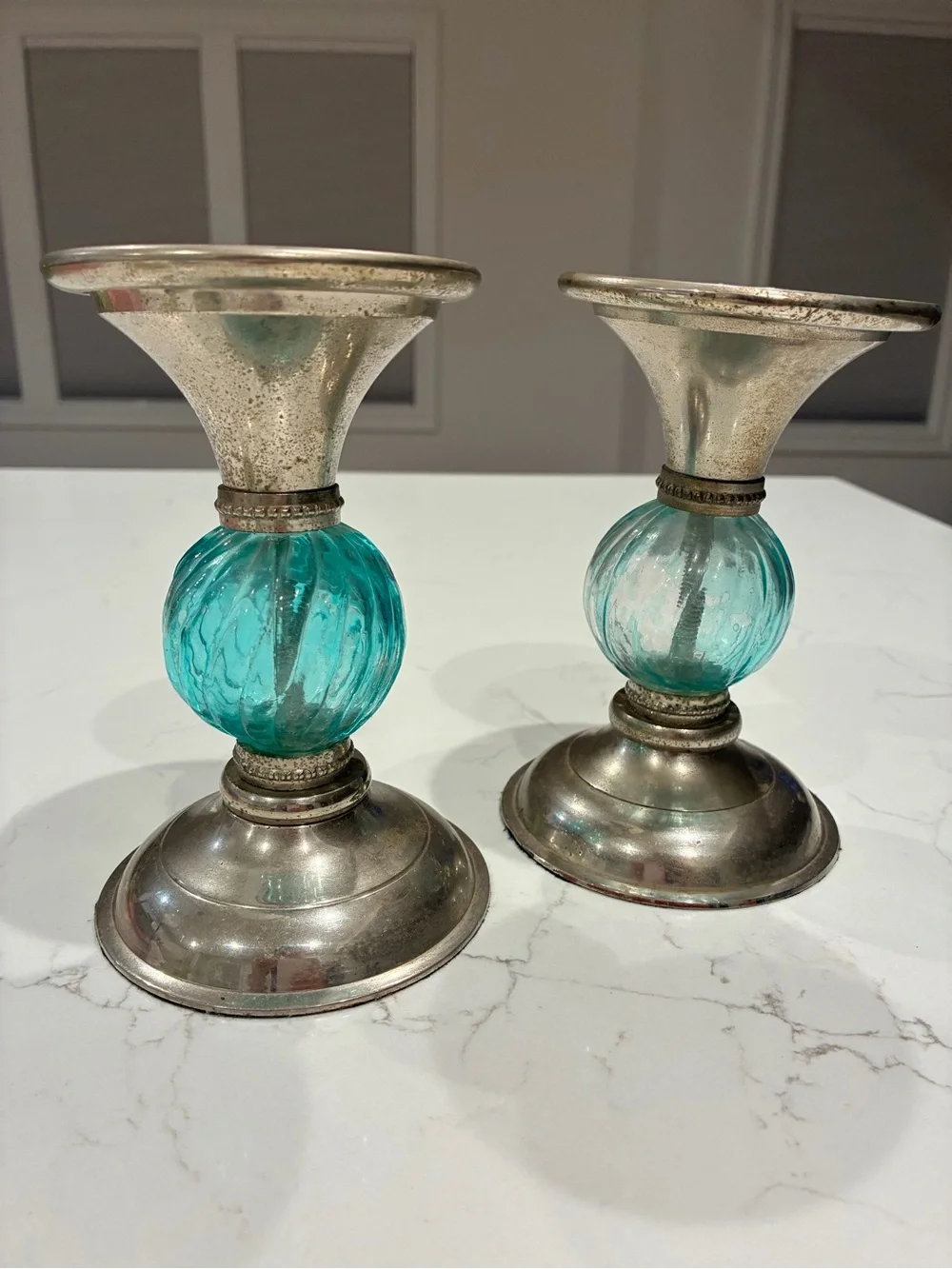 Vintage Silver Plated Pillar Candle Holders Set - Swirled Turquoise Blue Glass
